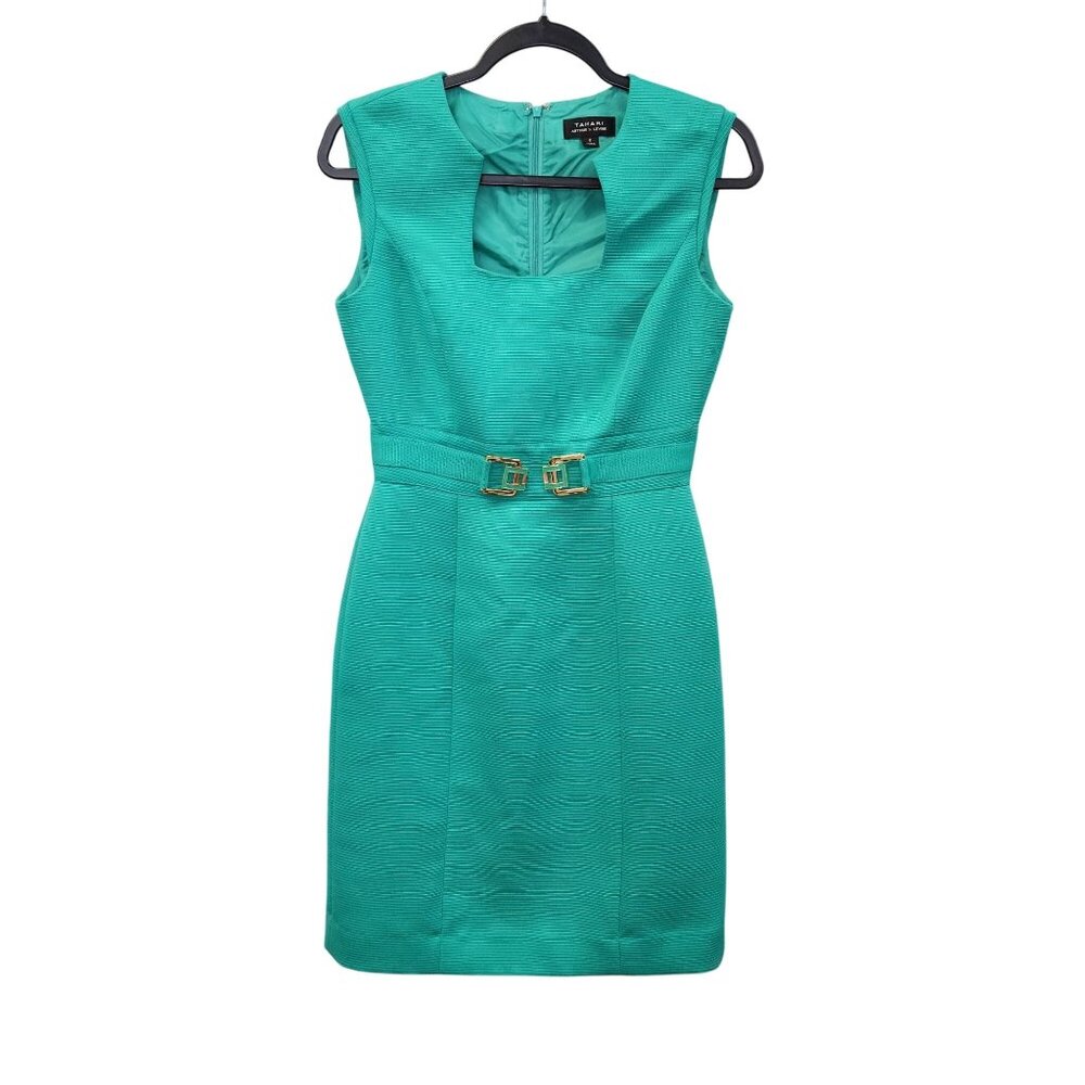 Tahari Arthur S. Levine Green Sleeveless Sheath Dress W/ Belted Waist & Back Zip